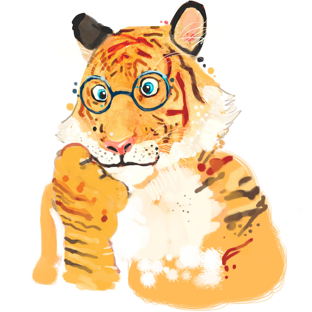 Tiger mit Brille als Erzieher der Kinder